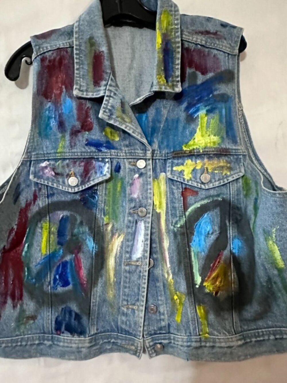 JONES JEANS Denim Vest Skull Peace Sign Size XL Upcycled Handpainted - Picture 5 of 8